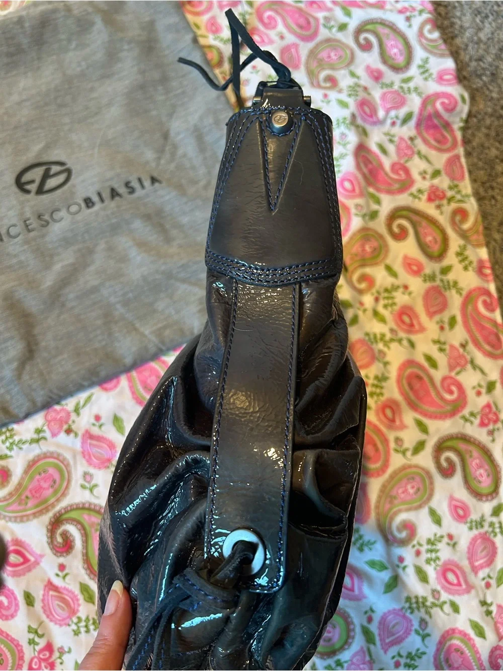Francesco Biasia Dark Storm Grey Patent Leather Hobo Shoulder Bag